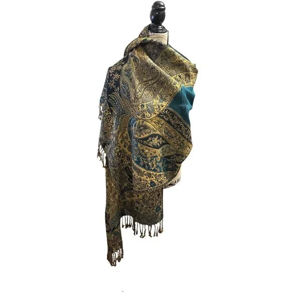 Pashmina Paisley Patterned Reversible Shawl/Wrap With Fringe - Teal & Gold - Wom - Picture 4 of 7